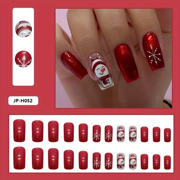 24pcs Glossy Medium Square Fake Nails, Aurora Red Press On Nails With Snowflake - Picture 2 of 8